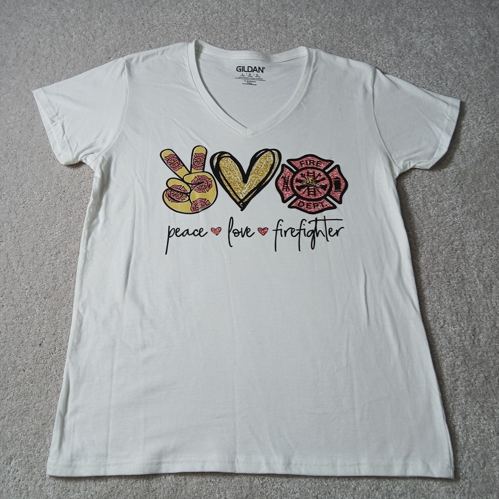 Peace Love Firefighter T-Shirt Firefighter Support Graphic Tee Ladies Large NWOT